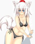  animal_ears bare_shoulders bikini blue_eyes blush breasts cleavage collarbone groin hat highres inubashiri_momiji looking_at_viewer medium_breasts midriff navel reddo9 short_hair silver_hair simple_background sitting solo swimsuit tail tokin_hat touhou white_background wolf_ears wolf_tail 