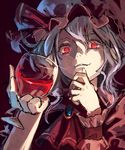  alcohol ascot azuki_(azuki-taste) closed_mouth cup cupping_glass drinking_glass face grin hat hat_ribbon highres jewelry looking_down mob_cap portrait puffy_sleeves purple_hair red_eyes remilia_scarlet ribbon short_hair short_sleeves smile solo touhou wine wine_glass wrist_cuffs 