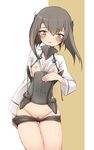  anchor bad_id bad_pixiv_id blush brown_eyes brown_hair commentary_request flat_chest kantai_collection looking_at_viewer nipples open_mouth pubic_hair pulled_by_self rococolove shorts shorts_pull solo sweat taihou_(kantai_collection) undressing 