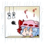  :3 bat_wings blue_hair bow chibi commentary hat hat_bow mob_cap noai_nioshi patch rain remilia_scarlet short_hair solid_oval_eyes solo teruterubouzu touhou translated two-tone_background window wings |_| 