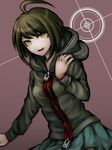  ahoge brown_hair cosplay danganronpa danganronpa_1 hand_on_own_shoulder hood hood_down hoodie komatsuzaki_rui_(style) naegi_komaru naegi_makoto naegi_makoto_(cosplay) official_style pleated_skirt sasa_(sabamisoni33) short_hair skirt smile solo yellow_eyes zettai_zetsubou_shoujo 