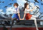  aircraft aircraft_carrier airplane akagi_(kantai_collection) black_legwear blue_skirt blue_sky brown_eyes brown_hair cloud day hakama_skirt highres holding_hands interlocked_fingers japanese_clothes kaga_(kantai_collection) kantai_collection long_hair military military_vehicle multiple_girls no_shoes pleated_skirt red_skirt ship short_hair shuang_ye side_ponytail sitting skirt sky tasuki thighhighs warship watercraft white_legwear 