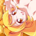  argyle argyle_background blonde_hair breasts brown_eyes cure_honey earrings happinesscharge_precure! jewelry kikuchi_tsutomu large_breasts long_hair lowres magical_girl oomori_yuuko orange_background precure smile solo topless upside-down wide_ponytail 