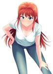  aozaki_aoko blue_eyes blush breasts collarbone denim hair_intakes hand_on_hip hand_on_own_knee highres jeans long_hair looking_at_viewer medium_breasts pants red_hair shiny shiny_skin smile solo tsukihime tsurui 
