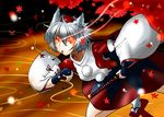  animal_ears autumn_leaves bare_shoulders breasts geta gloves glowing glowing_eyes hat highres inubashiri_momiji katana leaf looking_at_viewer medium_breasts pom_pom_(clothes) red_eyes red_ribbon ribbon short_hair silver_hair solo sword tikano tokin_hat touhou tree weapon wolf_ears 