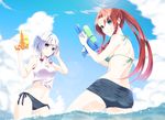  alternate_costume alternate_hairstyle aqua_eyes ass bare_shoulders bikini bikini_bottom bikini_top blue_bikini blue_eyes braid chitose_(usacan) cloud cloudy_sky crop_top day denim denim_shorts front-tie_top green_bikini grin hair_ribbon hand_on_own_head hong_meiling izayoi_sakuya light_particles long_hair looking_at_viewer looking_to_the_side midriff multiple_girls partially_submerged ponytail ribbon shirt short_hair shorts side-tie_bikini silver_hair sky sleeveless sleeveless_shirt smile swimsuit touhou tress_ribbon twin_braids water_gun white_shirt 