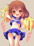  arm_up armpits blue_panties blush brown_eyes brown_hair cheerleader fang ikazuchi_(kantai_collection) kantai_collection midriff miokuri navel panties pom_poms short_hair skirt smile solo underwear wind wind_lift 