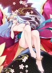 animal_ears breasts dean highres japanese_clothes kimono large_breasts long_hair mitsuki_(p&amp;d) multiple_tails nipples purple_eyes puzzle_&amp;_dragons silver_hair solo tail 
