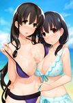  2girls aqua_bikini areola_slip areolae bikini black_hair blush breast_press breasts brown_eyes cleavage covered_nipples cum cum_on_body cum_on_breasts cum_on_upper_body front-tie_top hand_on_another's_hip heart heart-shaped_pupils iwato_kasumi jindai_komaki large_breasts long_hair multiple_girls navel open_mouth purple_bikini red_eyes saki swimsuit symbol-shaped_pupils twintails 