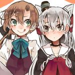  :q akigumo_(kantai_collection) amatsukaze_(kantai_collection) brown_eyes brown_hair green_eyes hair_ribbon hair_tubes itomugi-kun kantai_collection long_hair lowres multiple_girls pleated_skirt ponytail red_legwear ribbon school_uniform silver_hair skirt smile thighhighs tongue tongue_out two_side_up v-shaped_eyebrows vest 