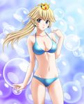  blonde_hair blue_eyes breasts bubble cleavage crown earrings highres jewelry large_breasts long_hair looking_at_viewer mario_(series) navel ponytail princess_peach shiny shiny_skin smile solo super_mario_bros. tamamon 