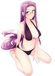  barefoot bikini black_bikini breasts cleavage fate/stay_night fate_(series) feet full_body glasses highres large_breasts long_hair looking_at_viewer low-tied_long_hair navel parted_lips purple_eyes purple_hair rider simple_background sitting solo swimsuit tsurui very_long_hair wariza white_background 