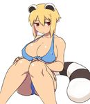  animal_ears araiguma-san bikini blonde_hair blue_bikini blush_stickers breasts cleavage covered_nipples expressionless front-tie_bikini front-tie_top knees_together_feet_apart large_breasts original raccoon_ears raccoon_tail red_eyes short_hair sideboob sitting solo strap_gap swimsuit tail tsukudani_(coke-buta) 