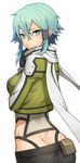 aqua_hair ass blue_eyes butt_crack from_behind looking_at_viewer looking_back pouch scarf shinon_(tokage_shuryou) short_hair sinon solo sword_art_online white_background 