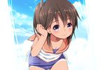  bare_shoulders blush brown_eyes brown_hair fujisaki_hikari i-401_(kantai_collection) kantai_collection leaning_forward looking_at_viewer one-piece_swimsuit ponytail sailor_collar school_swimsuit school_uniform short_hair short_ponytail smile solo swimsuit swimsuit_under_clothes tan wet 