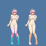  aoi_ship bikini blush boots breasts cleavage headphones large_breasts long_hair looking_at_viewer lowres navel nitroplus pink_hair pixel_art red_eyes smile solo super_sonico swimsuit thighhighs 