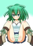  :&lt; ankle_boots bad_id bad_pixiv_id bare_shoulders blush boots breasts brown_footwear camisole cleavage collarbone duel_monster green_eyes green_hair highres long_hair looking_at_viewer medium_breasts panties ponytail ribbon simple_background sitting solo spaghetti_strap striped striped_panties underwear upskirt white_background wynn yuu-gi-ou yuu-gi-ou_duel_monsters 