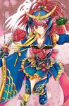  armor bad_id bad_pixiv_id blue_hair boots breasts cleavage detached_sleeves food fruit highres kamen_rider kamen_rider_gaim kamen_rider_gaim_(series) kunai lock_seed medium_breasts multicolored_hair neck_ribbon personification ponytail red_eyes red_hair ribbon rider-tan rider_belt sengoku_driver shisaki_tayu skirt solo strawberry thigh_boots thighhighs two-tone_hair weapon 