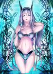  bare_shoulders blue_eyes blue_hair breasts dodonpachi dodonpachi_saidaioujou ere_(2516325) groin highres hips large_breasts long_hair looking_at_viewer maria_(saidaioujou) navel parted_lips solo swimsuit thigh_gap very_long_hair 