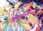  angel_wings archangel_lucifer archdemon_lucifer_(p&amp;d) armor black_gloves demon_horns feathers gloves halo headpiece holding holding_sword holding_weapon horns looking_at_viewer multiple_boys multiple_wings outstretched_arm pinki_(shounenkakuseiya) pointy_ears puzzle_&amp;_dragons robe serious slime smile sword weapon wings yellow_eyes 