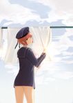  bangs blue_dress blue_sky blunt_bangs brown_hair clothes_writing clothesline day dress from_behind hat kagari_(kgr_000) kantai_collection laundry looking_at_viewer looking_back sailor_collar sailor_dress sailor_hat short_hair sky solo z3_max_schultz_(kantai_collection) 
