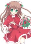  :d blush braid brown_hair capelet christmas christmas_ornaments christmas_wreath fur_trim green_eyes hair_ornament holding holly_hair_ornament hoshimame_mana kanbe_kotori long_hair looking_at_viewer open_mouth rewrite ribbon smile solo striped striped_ribbon thighhighs twin_braids white_legwear zettai_ryouiki 