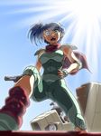  1girl armor blue_hair elbow_pads female foreshortening green_eyes gun hair_bobbles hair_ornament hand_on_hip knee_pads kneeling leg_warmers looking_at_viewer open_mouth paranopoda rag_uralo scarf sentou_mecha_xabungle shoulder_pads side_ponytail sky solo tagme vehicle weapon 