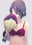  bangs bouquet bow bow_bra bra breasts cleavage closed_eyes embroidery eyepatch fingerless_gloves flower gloves kantai_collection medium_breasts nilitsu no_headwear no_shirt purple_hair red_bra rose short_hair simple_background smelling_flower solo tenryuu_(kantai_collection) underwear 