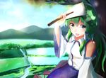  bad_id bad_pixiv_id bare_shoulders detached_sleeves gohei green_eyes green_hair hair_tubes hizagawa_rau in_tree kochiya_sanae long_hair open_mouth sitting sitting_in_tree solo touhou tree 