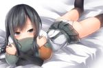  arm_warmers asashio_(kantai_collection) ass black_hair black_legwear blue_eyes covering_mouth grey_skirt kantai_collection long_hair lying mizushina_minato on_bed on_stomach panties pillow pillow_hug pleated_skirt school_uniform skirt solo suspenders thighhighs underwear white_panties 