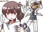  &gt;_&lt; 1girl :d admiral_(kantai_collection) blonde_hair brown_hair card closed_eyes comic japanese_clothes kaga_(kantai_collection) kantai_collection military military_uniform naval_uniform open_mouth short_hair side_ponytail smile translated uniform xd yokai yuu-gi-ou 