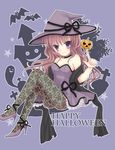  bad_id bad_pixiv_id bare_shoulders bat blush breasts brown_hair choker cleavage dress english eyebrows_visible_through_hair ghost halloween happy_halloween hat highres hoshimame_mana jack-o'-lantern long_hair looking_at_viewer medium_breasts original pantyhose purple_dress purple_eyes ribbon shawl sitting smile solo star tombstone witch witch_hat 