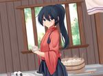  blue_eyes blue_hair food hakama_skirt houshou_(kantai_collection) japanese_clothes kantai_collection kimono looking_at_viewer ohitsu onigiri ponytail red_kimono remiria100 rice rice_spoon smile solo tasuki window yukata 