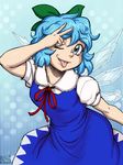  aqua_eyes aqua_hair bow cirno dress fangs hair_bow looking_at_viewer one_eye_closed ragathol solo tongue tongue_out touhou v 