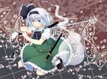  black_hairband blue_eyes hair_ribbon hairband konpaku_youmu konpaku_youmu_(ghost) looking_at_viewer multiple_swords nogisaka_kushio open_mouth ribbon scabbard sheath short_hair silver_hair solo sword touhou weapon 