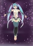  absurdres anklet bad_id bad_pixiv_id barefoot black_legwear blue_eyes blue_hair breasts bridal_gauntlets center_opening feet_together floating full_body hatsune_miku hatsune_miku_(append) head_tilt highres jewelry legs_together leotard light_particles long_hair navel no_bra open_mouth outstretched_arms purple_background reflection see-through small_breasts solo spread_arms tattoo thigh_gap thighhighs twintails vocaloid vocaloid_append yewang19 