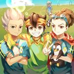  arm_around_shoulder bad_id bad_pixiv_id bird blue_hair brown_eyes brown_hair cape dark_skin dark_skinned_male endou_mamoru eyepatch goalkeeper goggles goggles_on_head gouenji_shuuya grin hairlocs headband inazuma_eleven inazuma_eleven_(series) inazuma_japan junekun kidou_yuuto lens_flare lightning_bolt long_hair looking_at_viewer male_focus multiple_boys no_gloves penguin saliva short_hair smile soccer_uniform sportswear v 