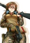  airsoft brown_eyes brown_hair camouflage commentary_request didloaded ear_protection gloves gun military original remington_870 safety_glasses shotgun shotgun_shells smith_&amp;_wesson solo trigger_discipline weapon 