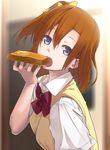  blue_eyes bow butter eating food hair_bow head_tilt highres kousaka_honoka looking_at_viewer love_live! love_live!_school_idol_project md5_mismatch nanaku_teiru one_side_up open_mouth orange_hair otonokizaka_school_uniform school_uniform short_hair solo sweater_vest toast upper_body 