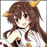  :d bare_shoulders blush brown_eyes brown_hair detached_sleeves hachimi headgear highres japanese_clothes kantai_collection kongou_(kantai_collection) nontraditional_miko open_mouth smile solo upper_body v-shaped_eyebrows white_background 