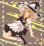  :d arm_up bad_id bad_pixiv_id blonde_hair bobby_socks bow broom broom_riding brown_background dutch_angle full_body hair_ribbon hat hat_bow highres kirisame_marisa knees_together_feet_apart mary_janes open_mouth puffy_short_sleeves puffy_sleeves ribbon shoes short_sleeves sidesaddle simple_background skirt skirt_set smile socks solo star touhou turtleneck vest white_bow witch_hat x&amp;x&amp;x yellow_eyes 