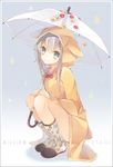  bad_id bad_pixiv_id blush boots border bow coat enomoto_hina floral_print highres long_hair looking_at_viewer original raincoat rubber_boots silver_eyes silver_hair smile solo squatting transparent transparent_umbrella umbrella wet 