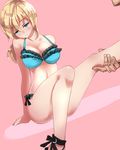  1girl arm_support bikini blonde_hair blue_bikini blue_eyes blush breasts chris_redfield hetero jill_valentine large_breasts leg_hold leg_up long_hair nagare out_of_character out_of_frame pink_background resident_evil sitting smile solo_focus swimsuit 