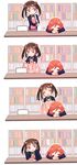  2girls :3 :d :o ^_^ ^o^ bad_id bad_pixiv_id bag blanket book bookshelf bow bowtie breath closed_eyes covering_with_blanket green_bow green_neckwear hair_ornament hair_ribbon hands_together head_on_table head_rest highres library long_sleeves looking_to_the_side love_live! love_live!_school_idol_project multiple_girls nishikino_maki open_mouth otonokizaka_school_uniform ribbon school_bag school_uniform short_hair sleeping smile sweater_vest table wavy_mouth yazawa_nico yuri 