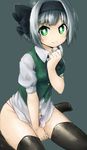  between_legs black_hairband black_legwear blouse bob_cut c: clenched_hand colorized green_eyes hair_ribbon hairband hand_between_legs hand_on_own_chest highres konpaku_youmu looking_at_viewer niwashi_(yuyu) panties pink_panties pov puffy_short_sleeves puffy_sleeves ribbon short_sleeves silver_hair sitting smile solo thighhighs touhou underwear white_blouse yaise 