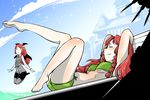  :&lt; alternate_costume arms_behind_head bangs bat_wings bikini black_skirt braid closed_eyes crossed_legs day demon_girl dress_shirt floating green_bikini grey_legwear head_wings highres hong_meiling izayoi_sakuya jitome koakuma leg_lift light_particles long_hair looking_at_another lying midriff multiple_girls necktie nocturnal_demon on_back parted_bangs pencil_skirt red_hair scarlet_devil_mansion shirt skirt sky sleeveless sleeveless_shirt sunbathing swimsuit touhou twin_braids wings 