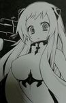  airfield_hime black_background blush breasts greyscale horns kantai_collection large_breasts long_hair looking_at_viewer monochrome nikubanare open_mouth outline shinkaisei-kan signature solo traditional_media turret upper_body very_long_hair 