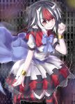  alternate_legwear black_hair bow clenched_hand directional_arrow eyes_visible_through_hair feet_out_of_frame grin head_tilt highres horns kijin_seija knees_together_feet_apart large_bow looking_at_viewer multicolored_hair non-nyo patterned_background pointy_ears red_eyes red_hair see-through sharp_teeth smile solo streaked_hair striped striped_legwear teeth thighhighs touhou white_hair zettai_ryouiki 