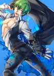  ;) ass belt blazblue fabulous green_hair hazama kaneaki_mukku male_focus multiple_belts off_shoulder one_eye_closed open_clothes open_shirt pants shirt smile solo 