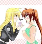  2girls apron blonde_hair blush box brown_hair couple fate_testarossa gift gift_box heart kohakura long_hair looking_at_another lyrical_nanoha mahou_senki_lyrical_nanoha_force mahou_shoujo_lyrical_nanoha mahou_shoujo_lyrical_nanoha_strikers mahou_shoujo_lyrical_nanoha_vivid military military_uniform multiple_girls ponytail present smile takamachi_nanoha uniform very_long_hair yuri 